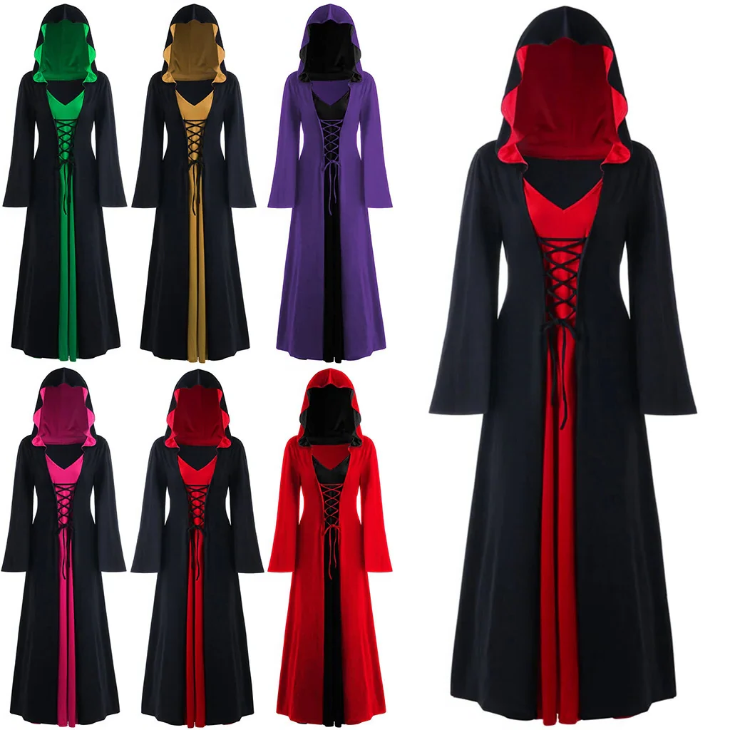 Belro medieval vampire witch dress for women with lace-up hooded cloak and robe, featuring dark, gothic-inspired fabric and intricate detailing.