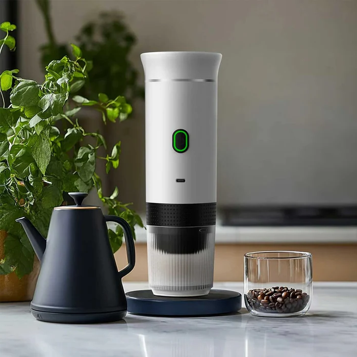 Belro 3-in-1 portable coffee maker for home and travel, compact electronic device with brewing components visible.