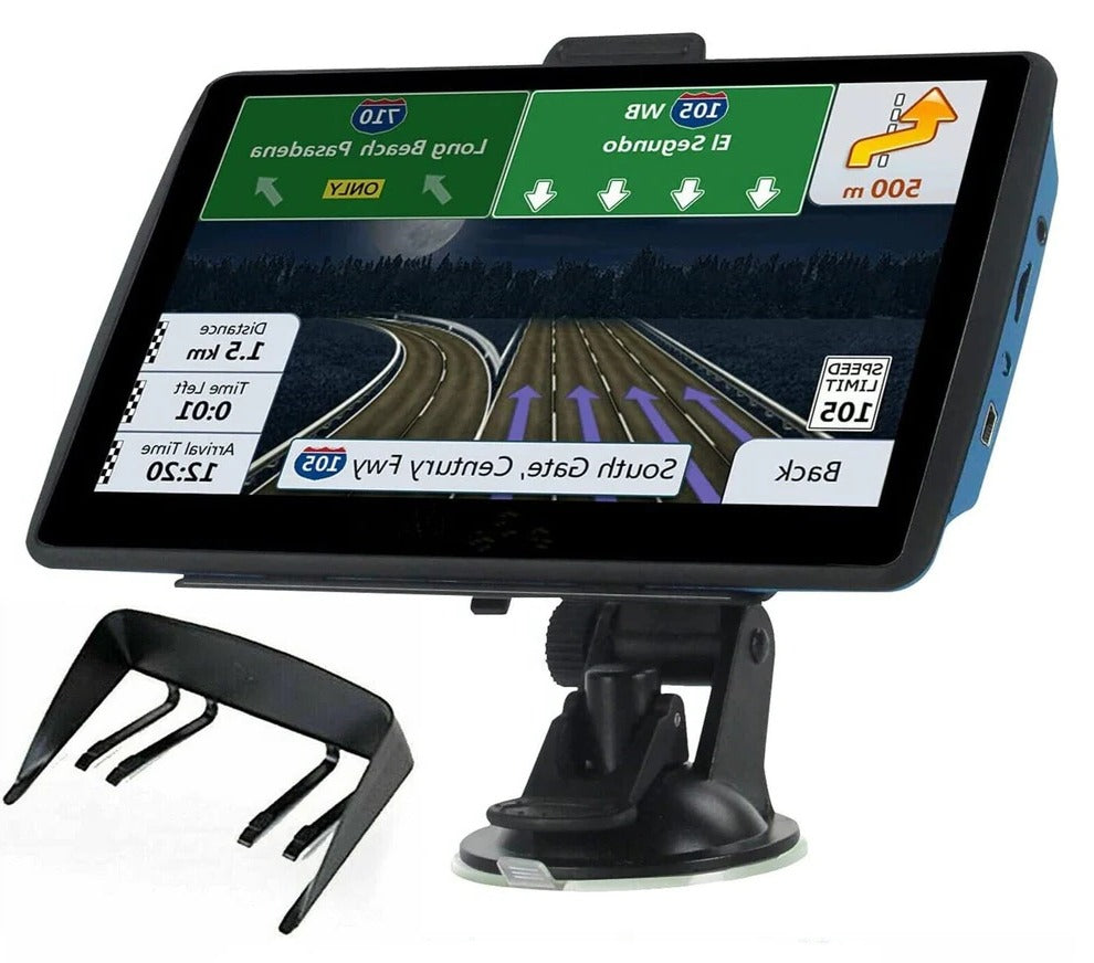 Belro 7-inch GPS navigation system displaying a map with turn-by-turn directions on the screen.