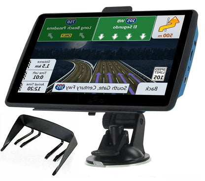 Belro 7-inch GPS navigation system displaying a map with turn-by-turn directions on the screen.