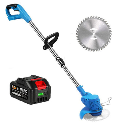 Belro cordless electric battery-powered grass trimmer for men, with a sleek design, visible cutting blade, and ergonomic handle.