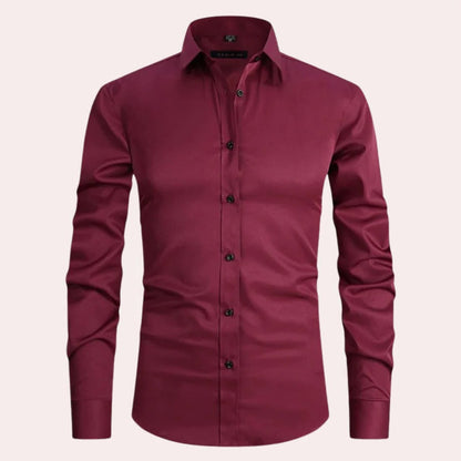 Men's Belro stretch shirt with long sleeves, slim fit, and button-down collar, displayed on a hanger.