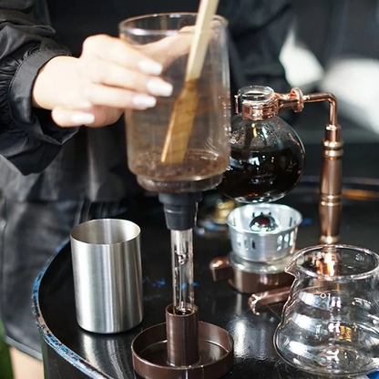 Belro Japanese Syphon Coffee Maker showing glass brewing chamber and stand for precise coffee brewing at home