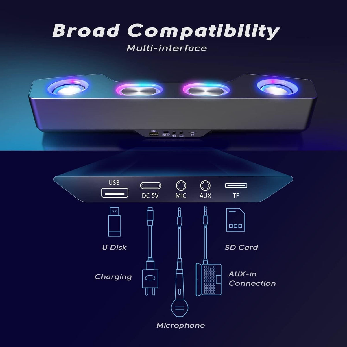 Belro wireless RGB computer speakers with sleek black design and colorful LED lighting for enhanced audio experience.