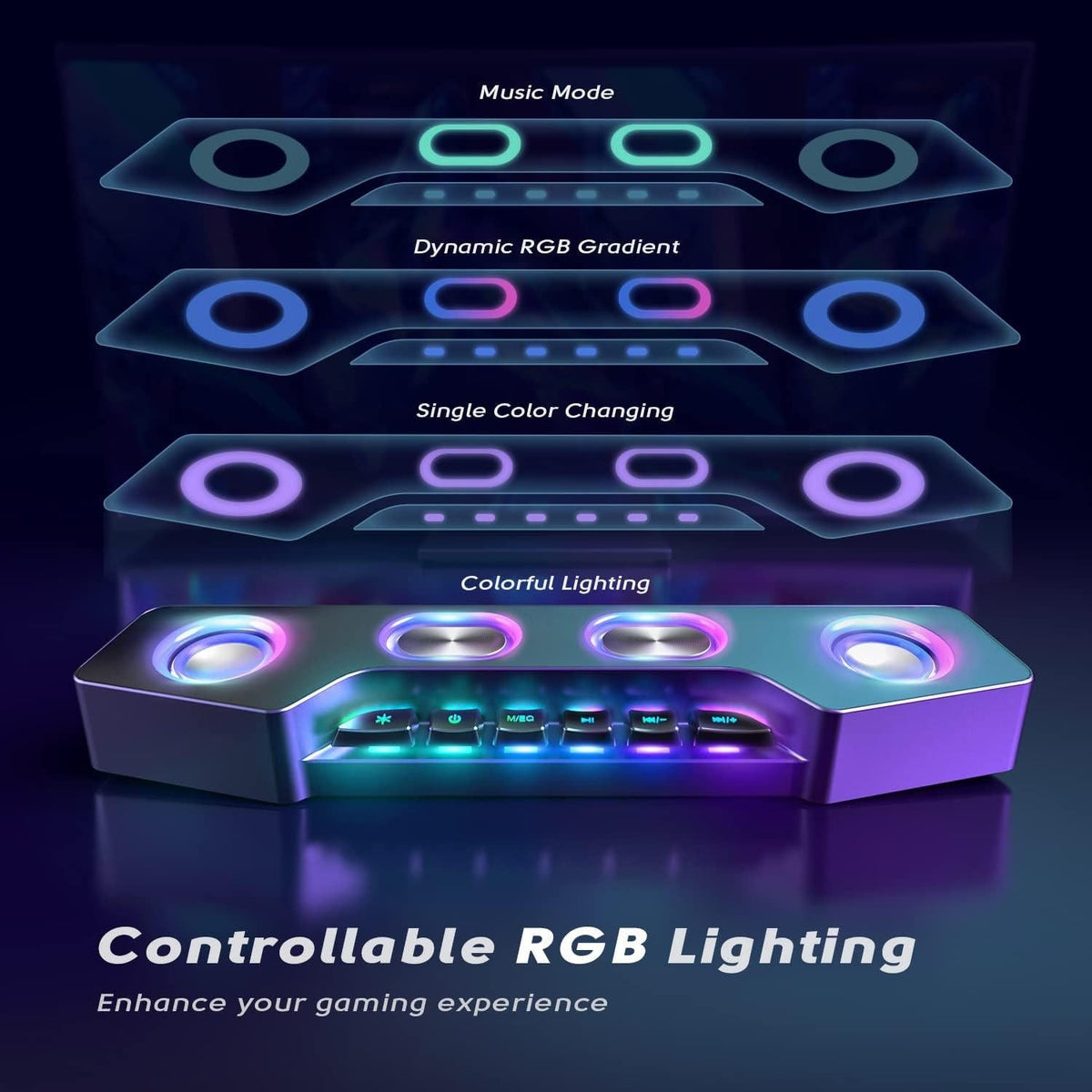 Wireless RGB computer speakers by Belro with colorful LED lighting and sleek black design, ideal for enhancing audio experience.