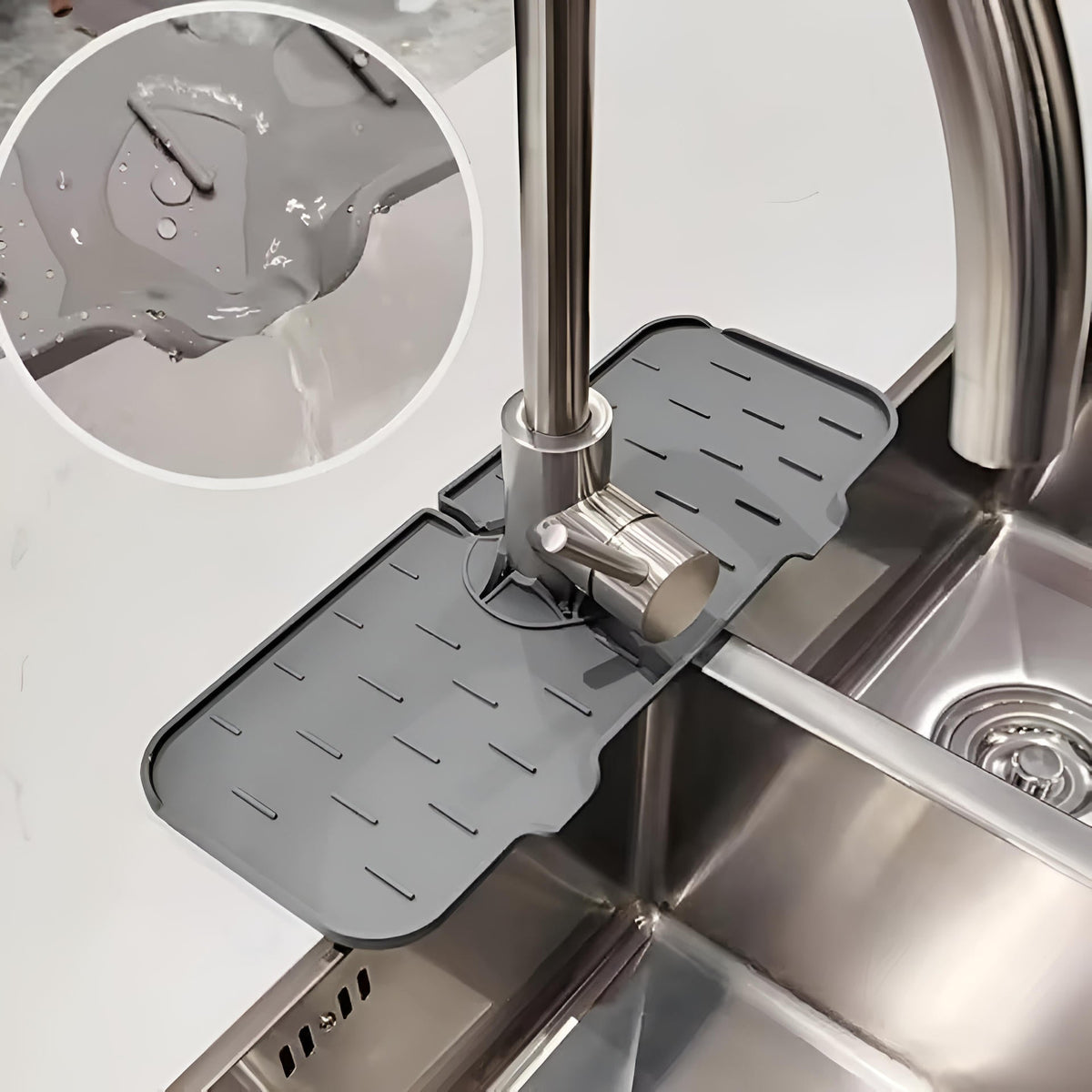 Belro kitchen sink faucet splash guard installed on a faucet in a home kitchen, preventing water splashes during use.