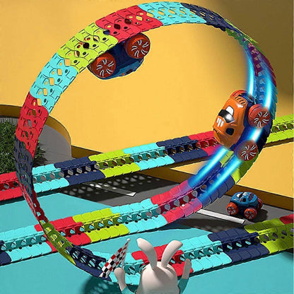 Belro Anti Gravity Race Track for Kids, automotive toy with colorful racing track and miniature cars in action.
