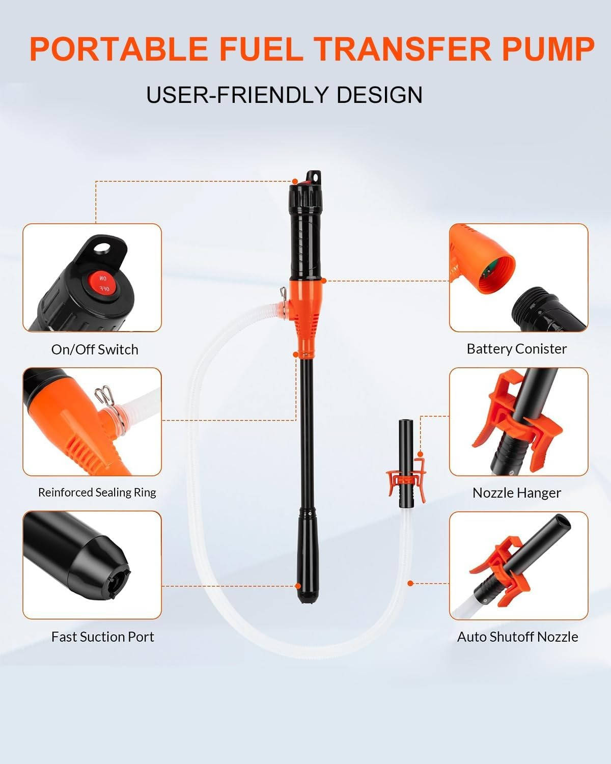 Belro portable electric siphon pump transferring gasoline, fuel, diesel, or water with a handheld electric pump in a hardware setting.