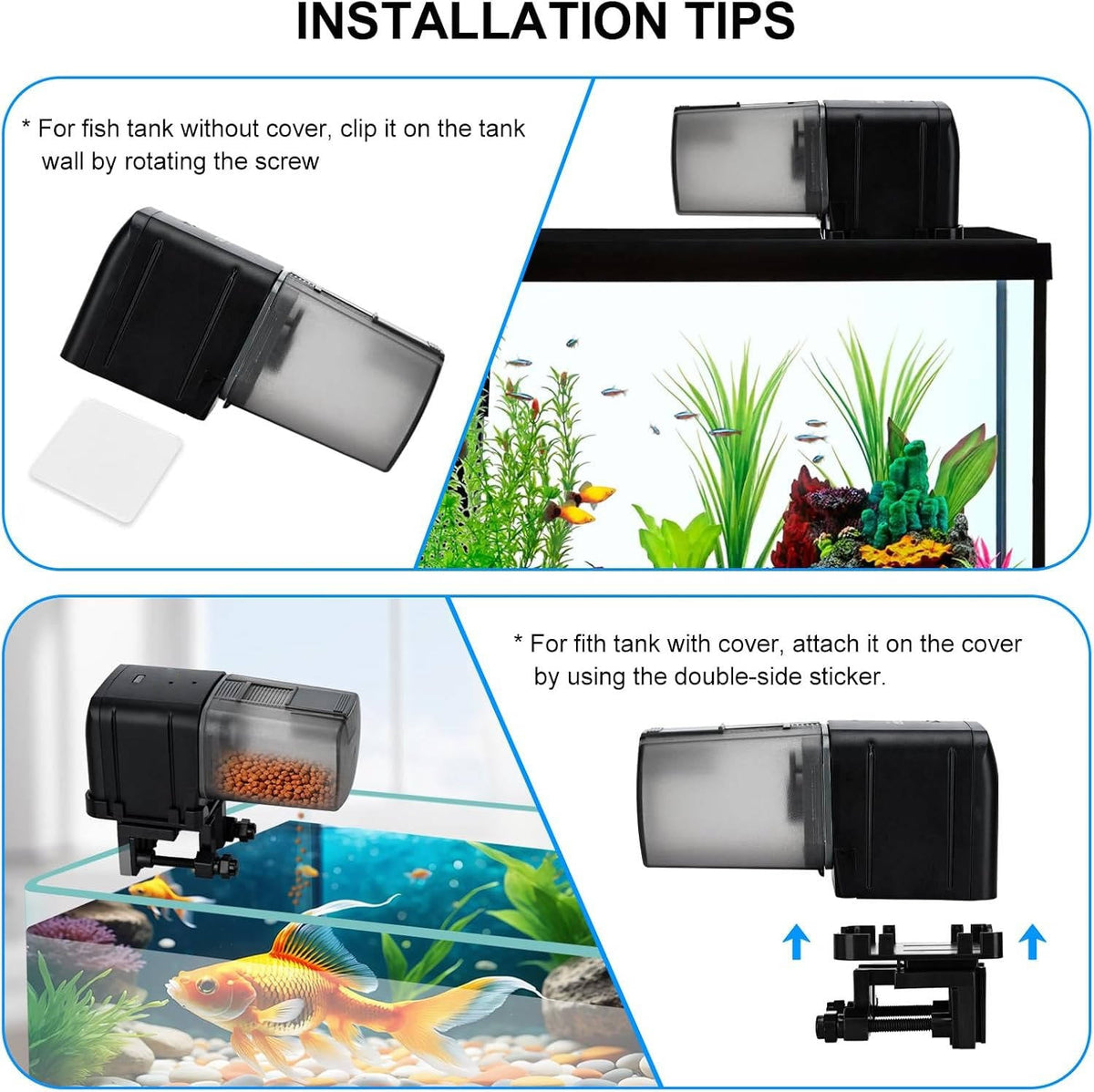 Belro automatic fish feeder in use, dispensing fish food into aquarium for convenient pet fish feeding.