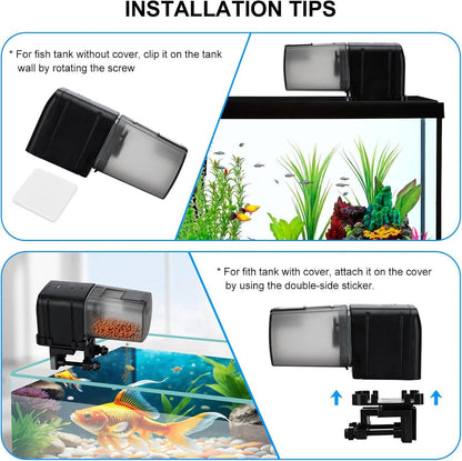 Belro automatic fish feeder in use, dispensing fish food into aquarium for convenient pet fish feeding.