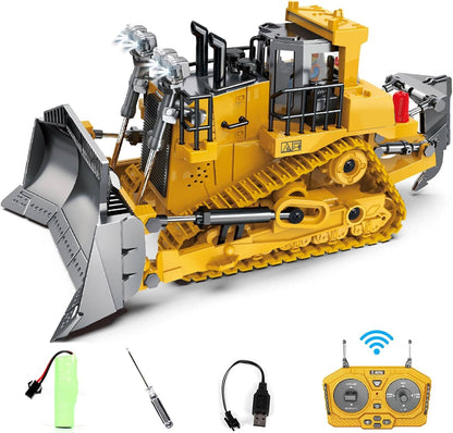 Belro 4WD remote control excavator bulldozer toy showing detailed plastic construction vehicle with working arms and realistic design