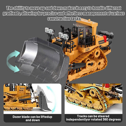 Belro 4WD remote control excavator bulldozer toy with realistic design and moving parts for kids' play and entertainment.