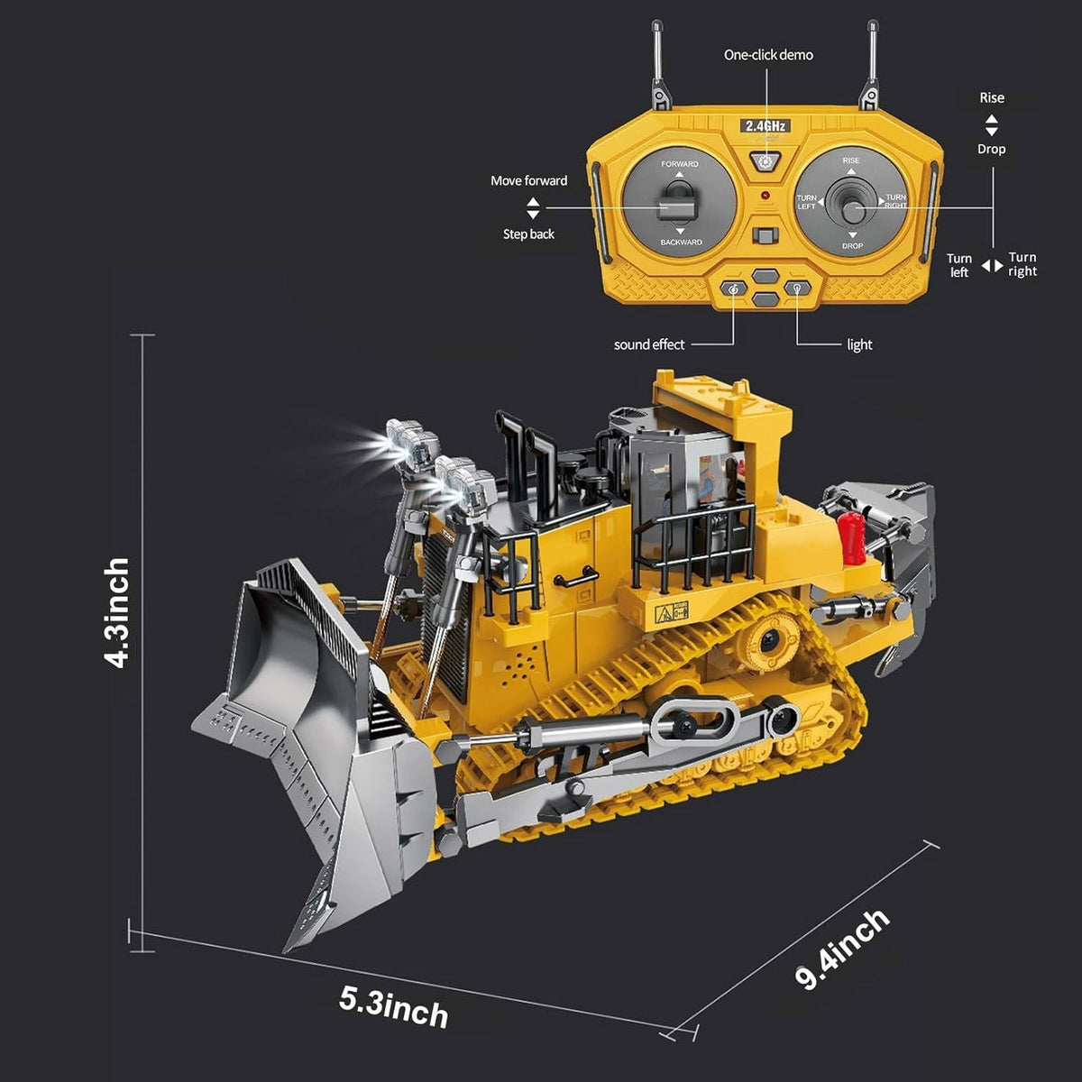 Belro 4WD remote control excavator and bulldozer toy showing detailed construction vehicle with movable parts.