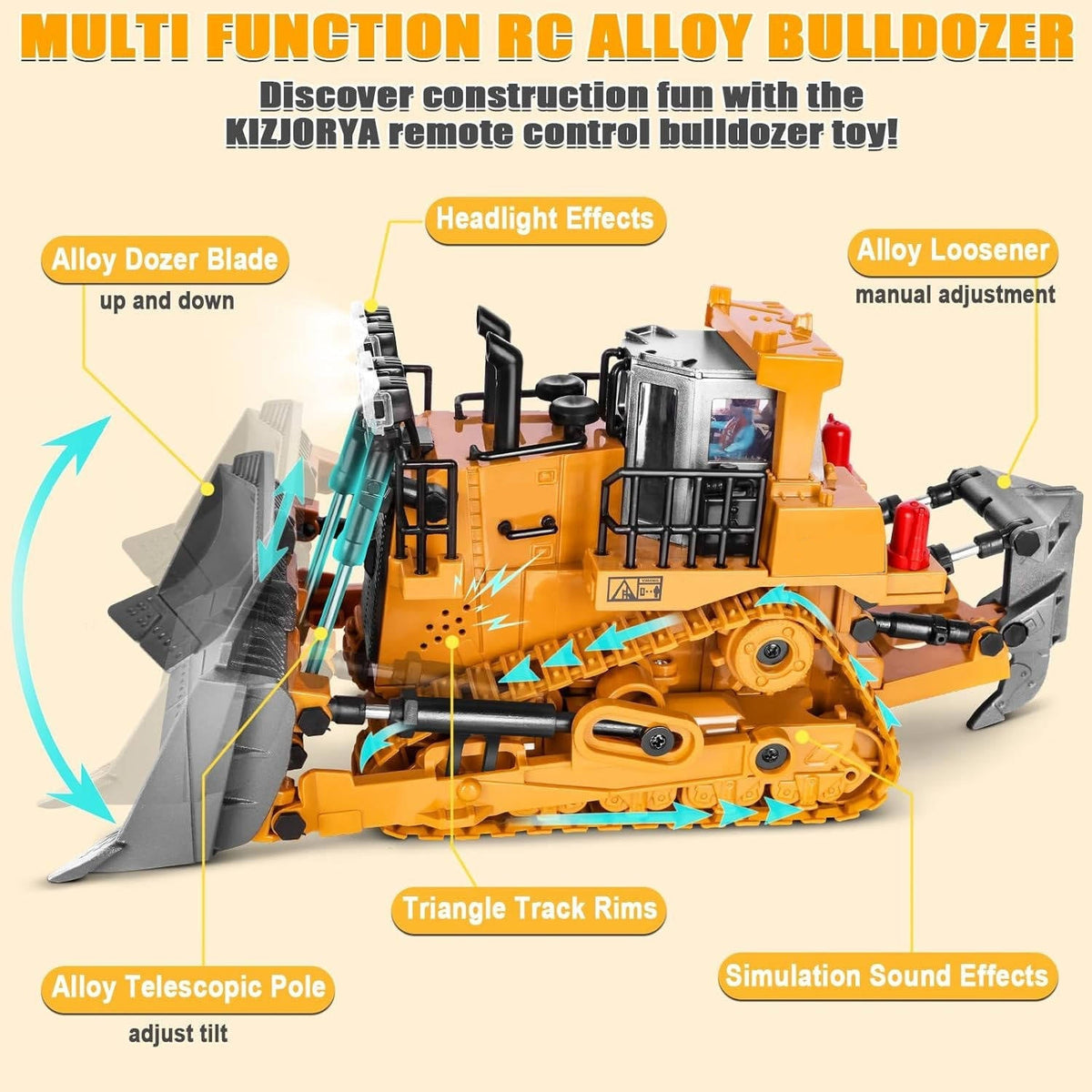 Belro 4WD remote control excavator bulldozer toy with moving arms and tracks, perfect for kids' construction play.