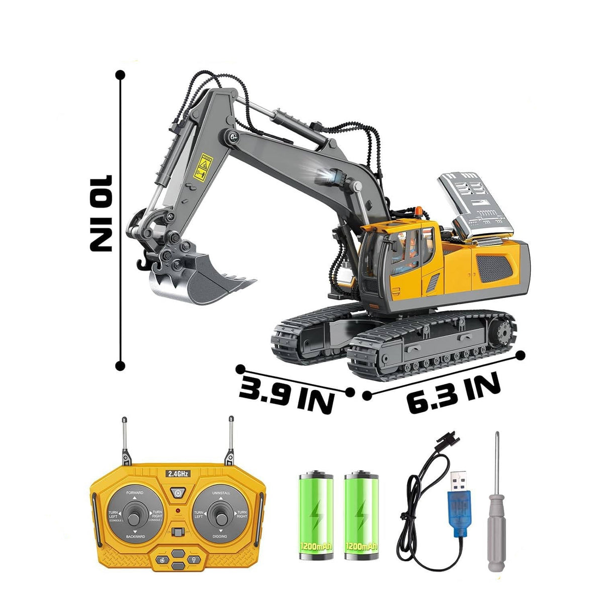 Belro 4WD remote control excavator bulldozer toy with realistic details and movable parts for kids' play and entertainment.