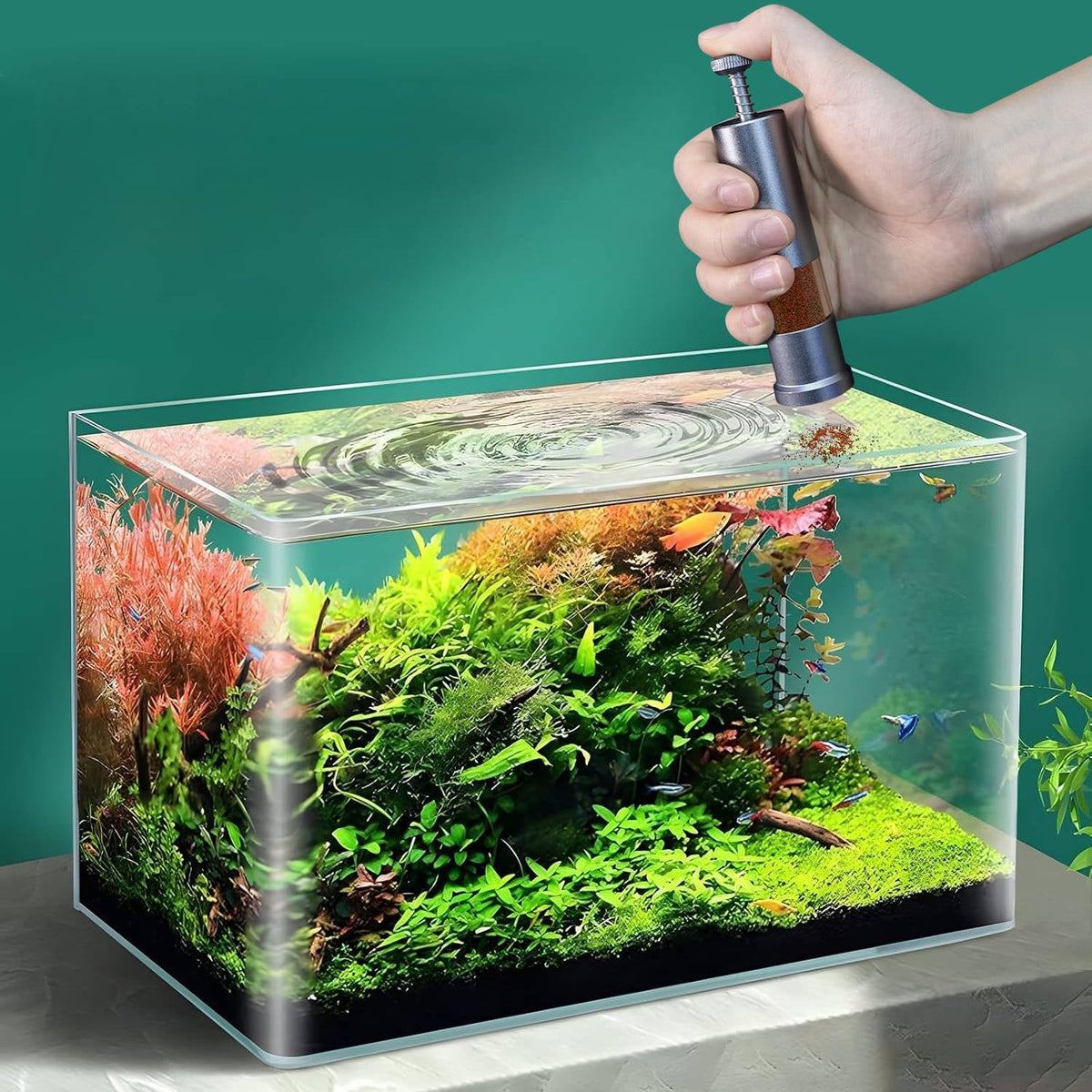 Mini fish feeder from Belro, designed for aquarium use, showing a compact device with feeding ports for pet fish.