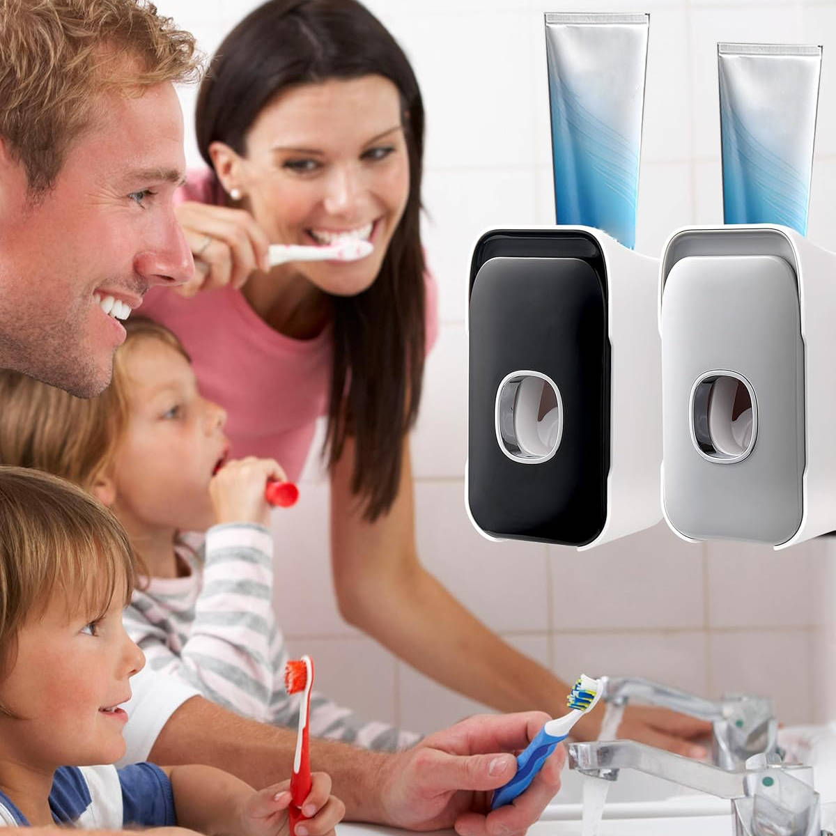 Wall-mounted Belro automatic toothpaste dispenser for easy oral care, sleek design in a modern bathroom setting.
