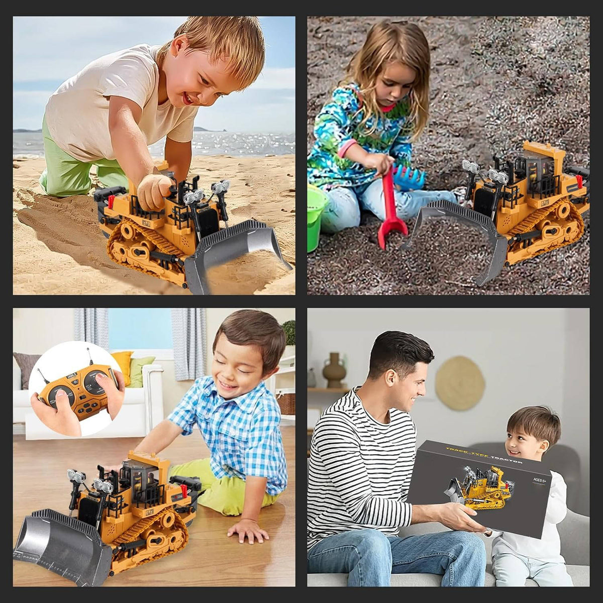 Belro 4WD remote control excavator bulldozer toy with realistic details and durable construction for kids' play and outdoor fun.