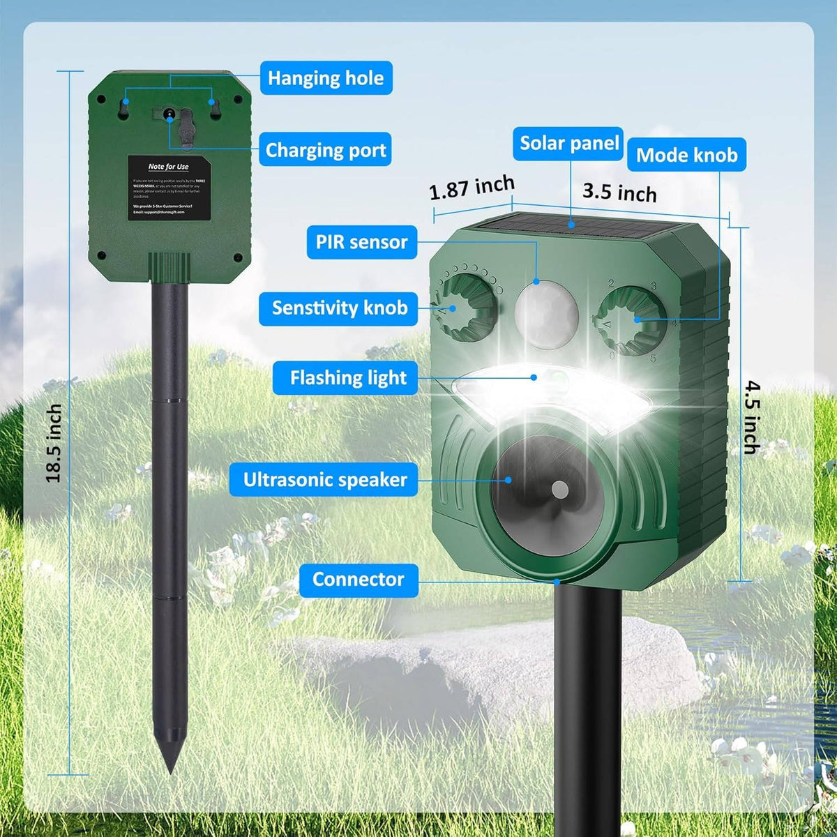 Belro ultrasonic outdoor pest deterrent for cats and dogs, compact device for garden pest control, outdoor home and garden use