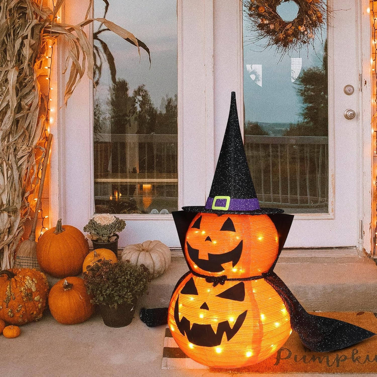 Two 3ft collapsible Halloween pumpkin lights for indoor/outdoor garden decor by Belro, illuminated holiday decoration.