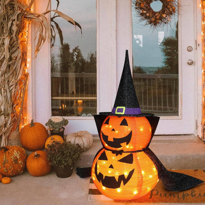Two 3ft collapsible Halloween pumpkin lights for indoor/outdoor garden decor by Belro, illuminated holiday decoration.