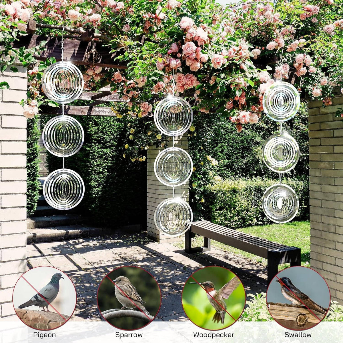 Belro outdoor bird deterrent scare device in a garden setting, designed to keep birds away from home and garden areas.