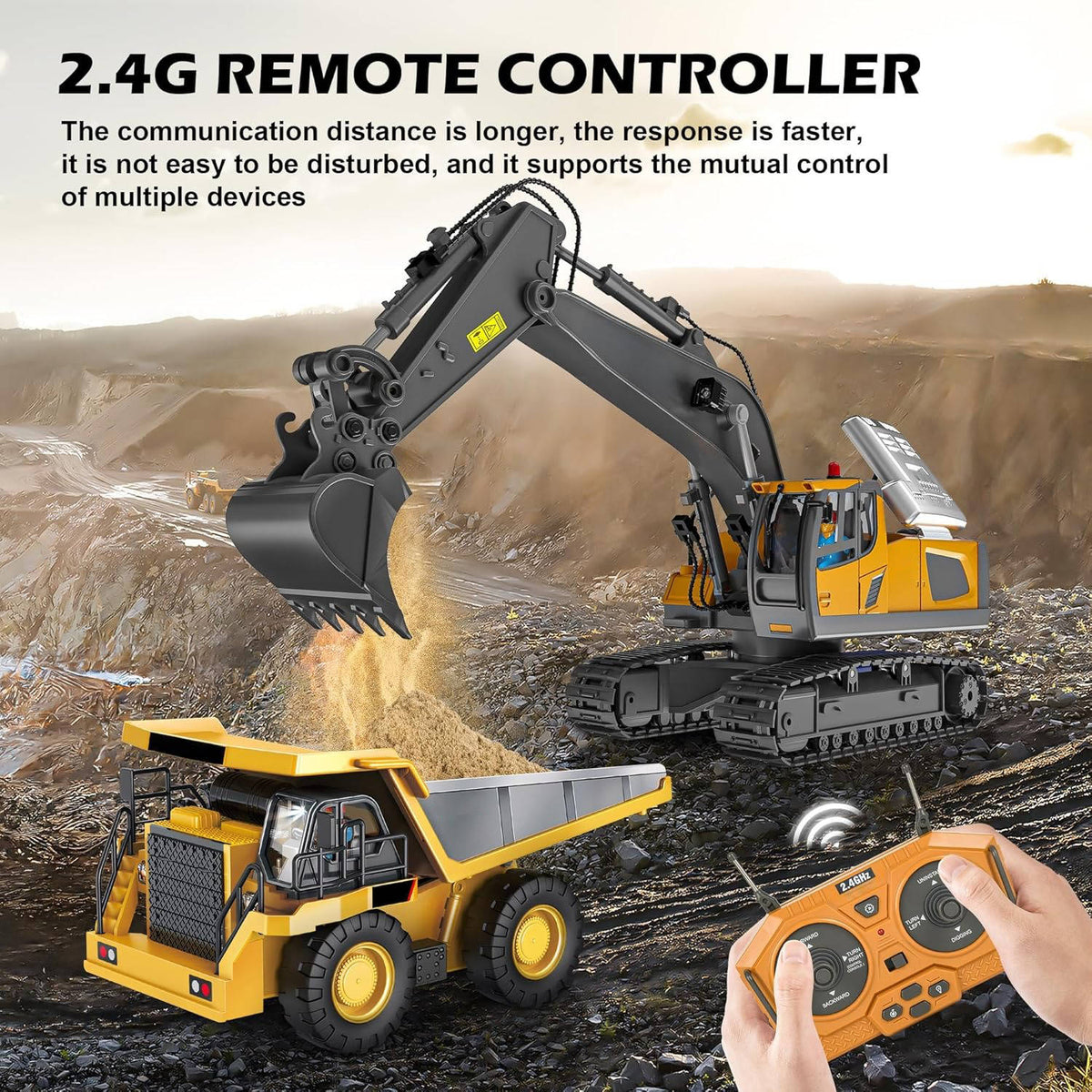 Belro 4WD remote control excavator and bulldozer toy with dump bed, realistic construction vehicle for kids and collectors.