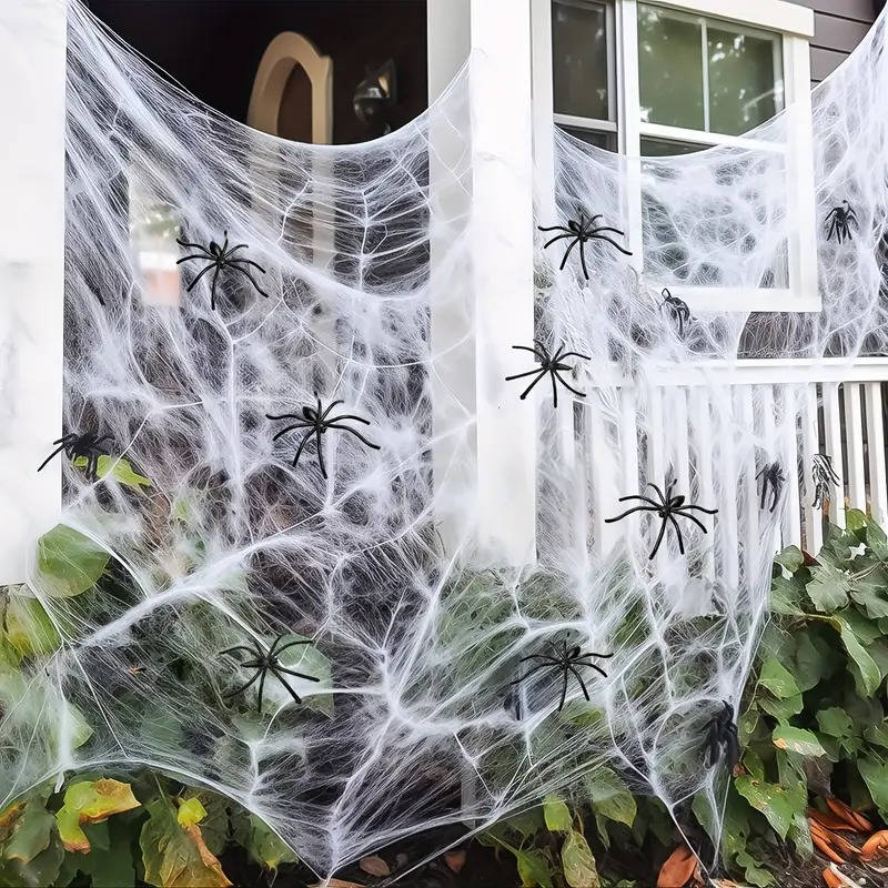 Belro Halloween door decoration with 200 sqft spider webs and fake spiders, ideal for spooky Halloween decor.