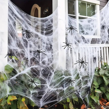 Belro Halloween door decoration with 200 sqft spider webs and fake spiders, ideal for spooky Halloween decor.