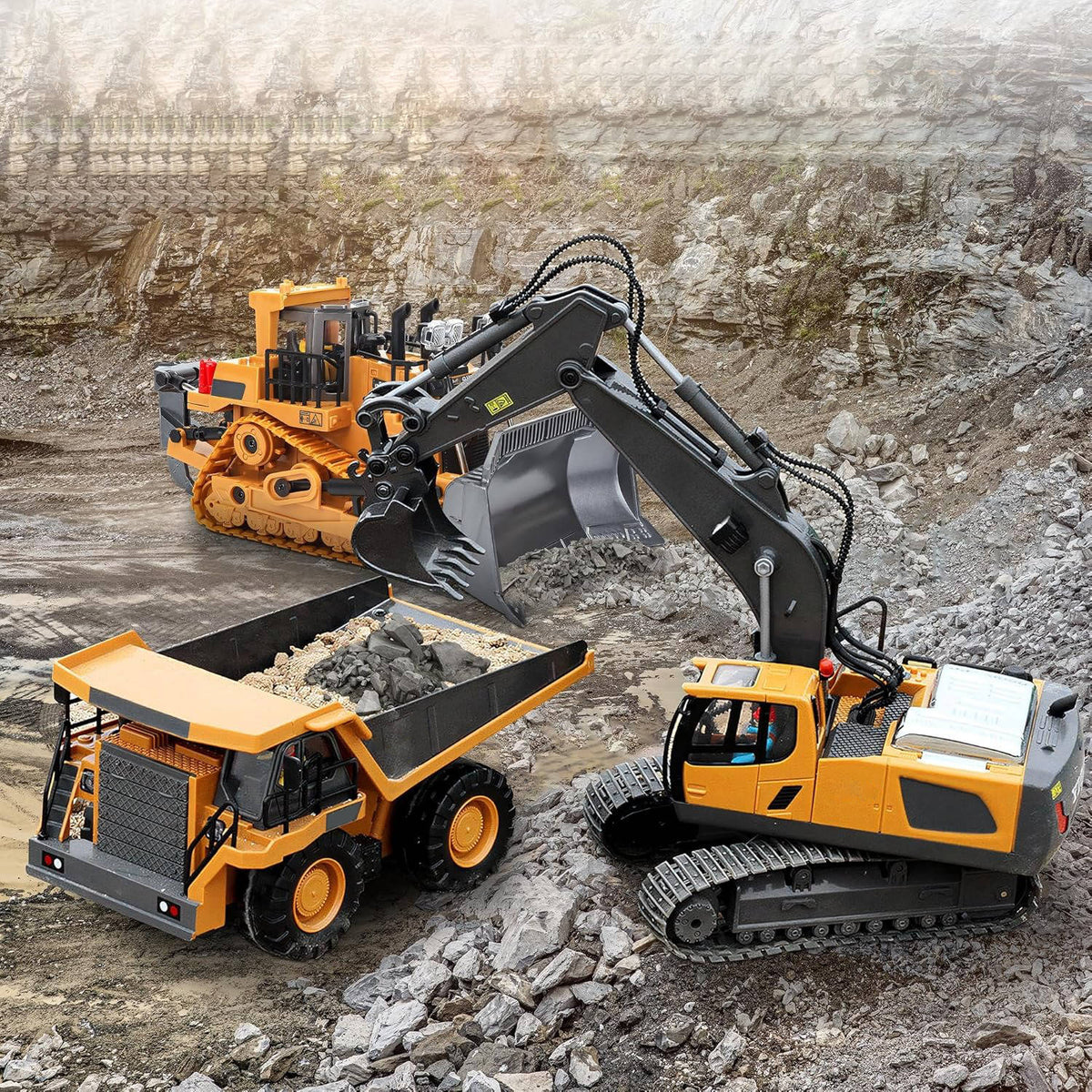 Belro 4WD remote control excavator bulldozer toy featuring realistic design and movable parts for kids' play and entertainment.