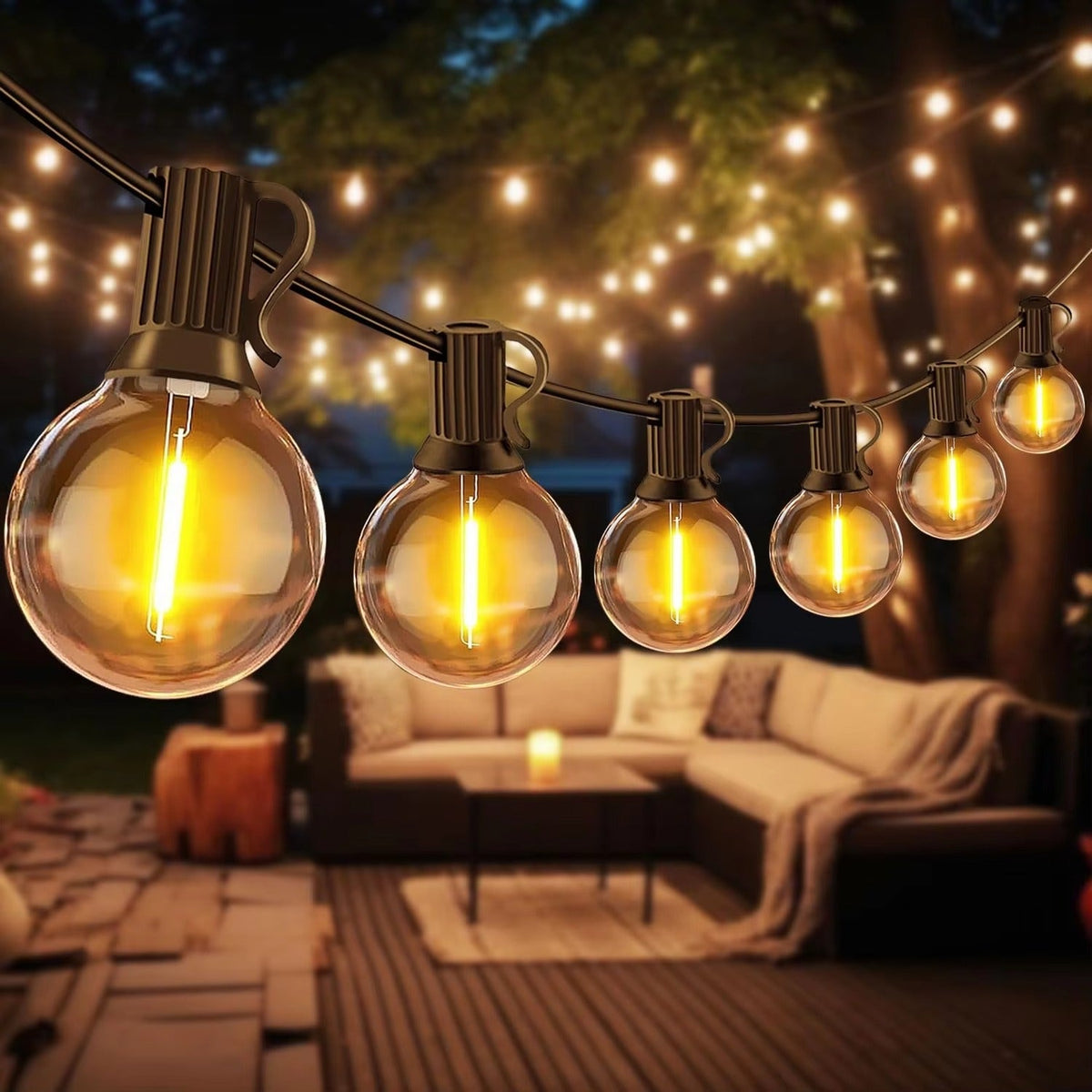 Belro LED outdoor string lights hanging in a garden, providing warm ambient lighting for outdoor home and garden spaces.