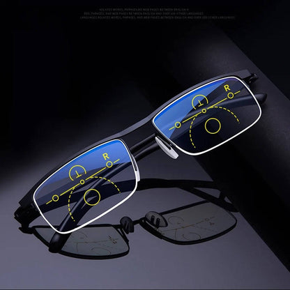 Belro Smart German Progressive Glasses with multifocal lenses for reading and distance vision, shown in a close-up image.