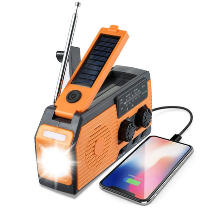 Belro solar hand crank emergency radio with digital display and built-in flashlight, designed for portable outdoor use.