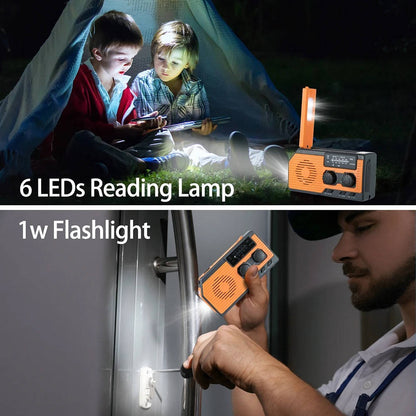 Belro solar hand crank emergency radio with digital display and audio controls, designed for portable emergency use.