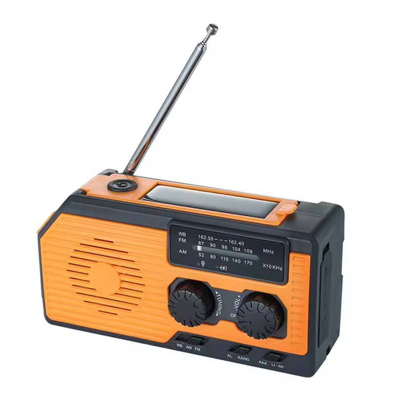 Belro solar hand crank emergency radio with digital display and built-in flashlight, designed for portable outdoor and emergency use.