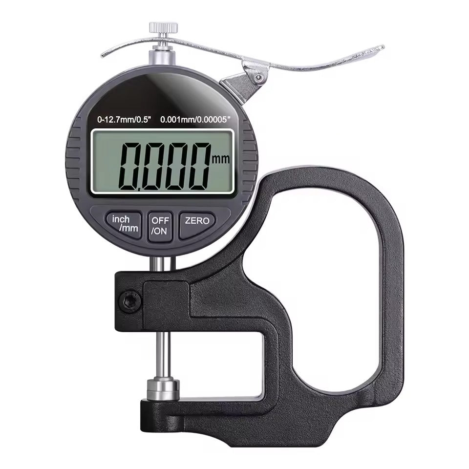Belro thickness gauge measuring paper, cloth, or metal thickness with 0.001mm precision, in a tools and hardware setting.