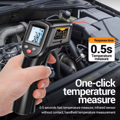 Belro Infrared Laser Thermometer All In One for medical temperature measurement, showing the device pointed at a person's forehead.