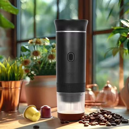 Belro portable coffee maker for espresso, cappuccino, and drip coffee, compact electronic home appliance with black finish.