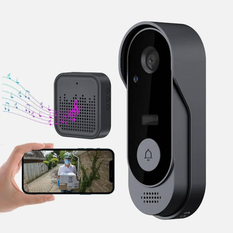Wireless Belro smart video doorbell with high-definition camera, mounted on a doorframe, showing its sleek design and camera lens.