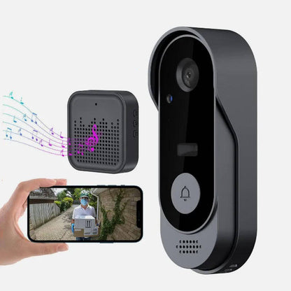 Wireless Belro smart video doorbell with high-definition camera, mounted on a doorframe, showing its sleek design and camera lens.