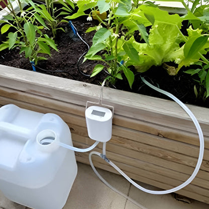 Belro automatic watering pump controller for outdoor home and garden irrigation systems, mounted on a garden wall.