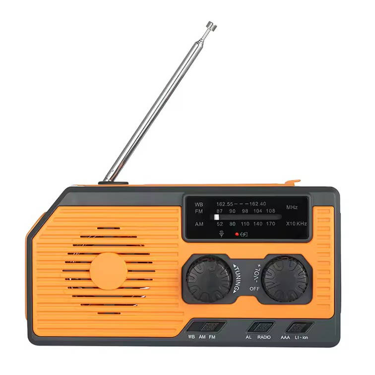 Belro solar hand crank emergency radio with built-in flashlight, portable electronics for emergency situations, and audio capabilities.