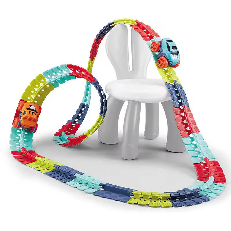 Belro Anti Gravity Race Track for Kids, colorful automotive toy with twisting track and racing cars on a bright surface.