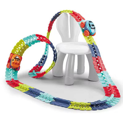 Belro Anti Gravity Race Track for Kids, colorful automotive toy with twisting track and racing cars on a bright surface.