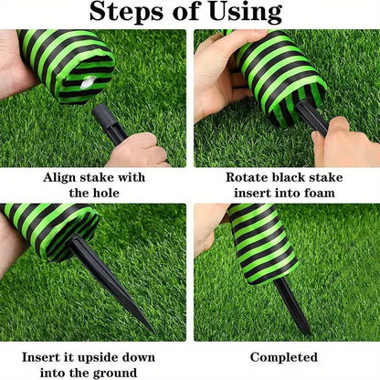 Belro Witch Legs Halloween decoration featuring spooky, striped stockings and attached wooden stakes for festive outdoor holiday decor.