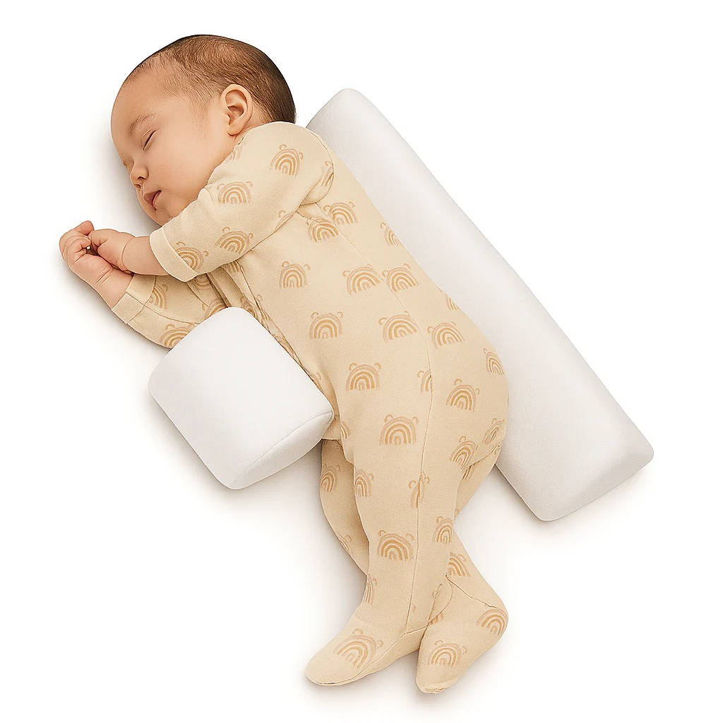 Belro newborn side sleeper wedge pillow for infants, designed to provide comfortable positioning in a cozy bedding setting.