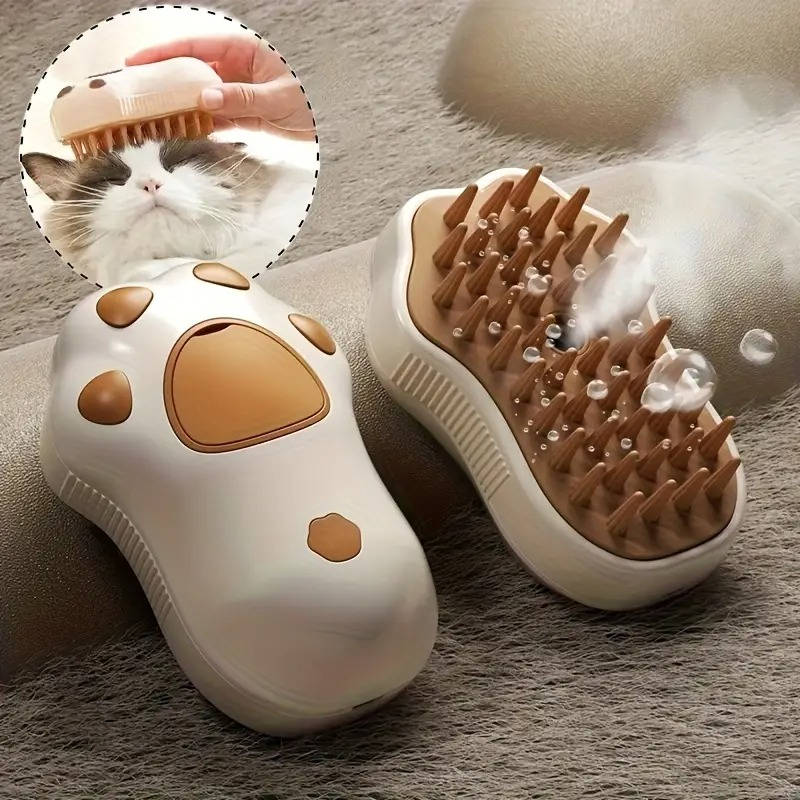 Belro dog brush with steam for grooming, showing the brush's handle, bristles, and steam nozzle in a pet grooming setting.