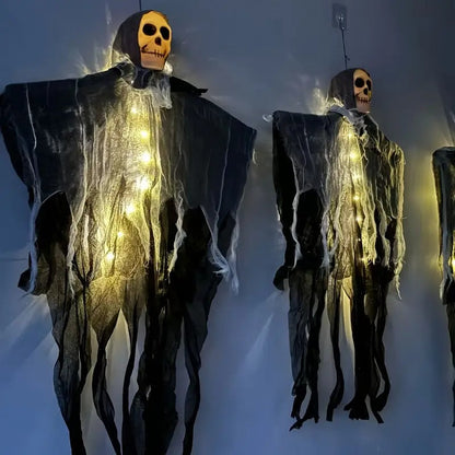 Set of two glowing skulls outdoor Halloween decorations by Belro, featuring eerie skulls with glowing eyes for spooky outdoor display
