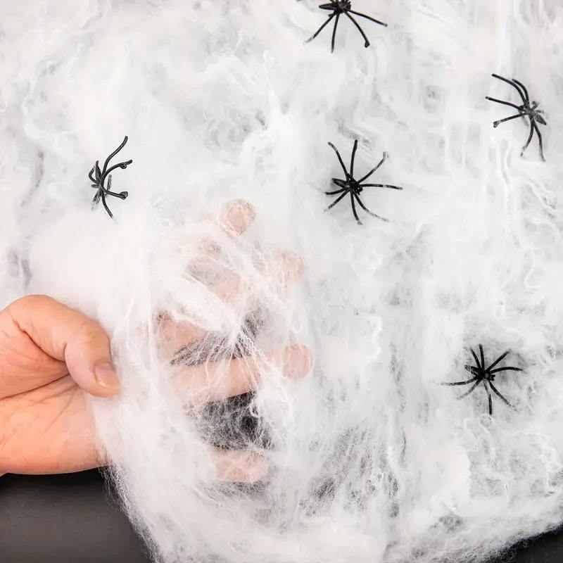 Belro Halloween door decoration with 200 sqft spider webs and fake spiders, ideal for spooky holiday decor.