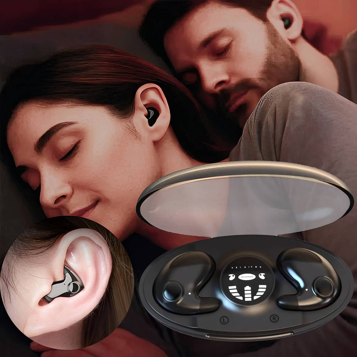 Wireless Belro earbuds for sleeping, discreet and comfortable, designed for restful night wear and enhanced sleep quality.